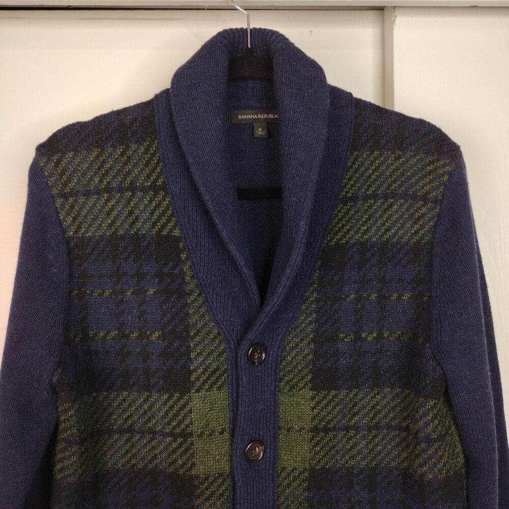Banana Republic Cardigan Sweater Wool Blend Shawl Collar Button Mens Sz S Plaid